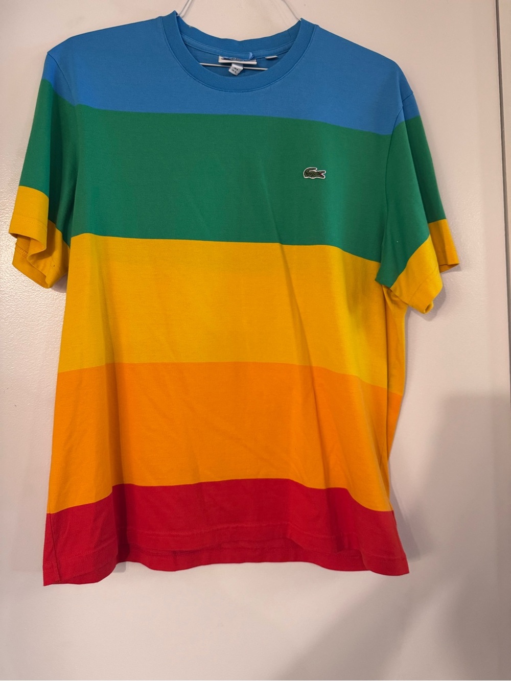 Lacoste Men's Rainbow Horizontal Stripe Crew Tee - Blue Green Yellow Orange Red